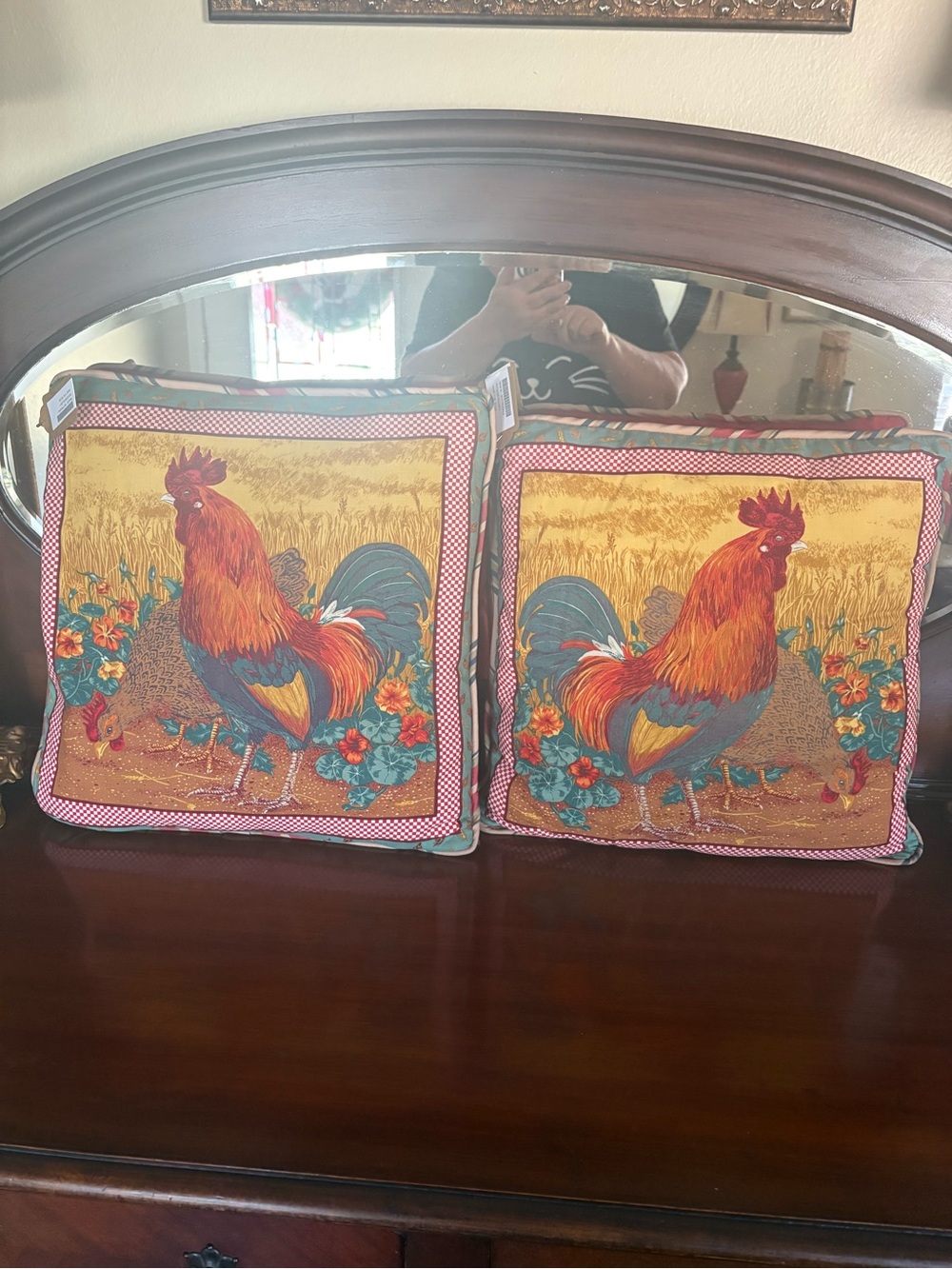 Rooster Print Decorative Throw Pillow Pair in Red and Gold